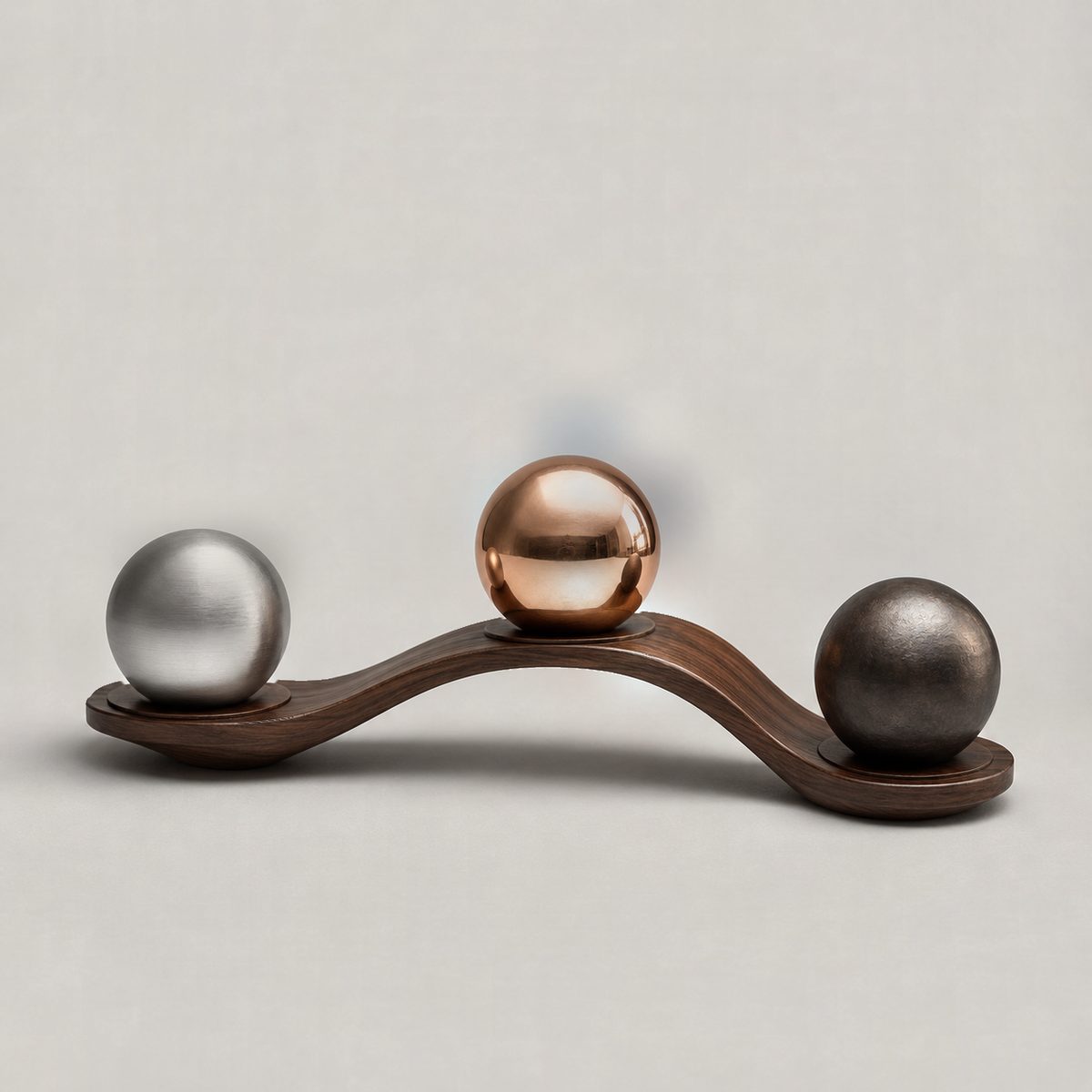 Cadence, ARKA III: copper, steel, ceramic spheres resting in seats carved into a walnut form