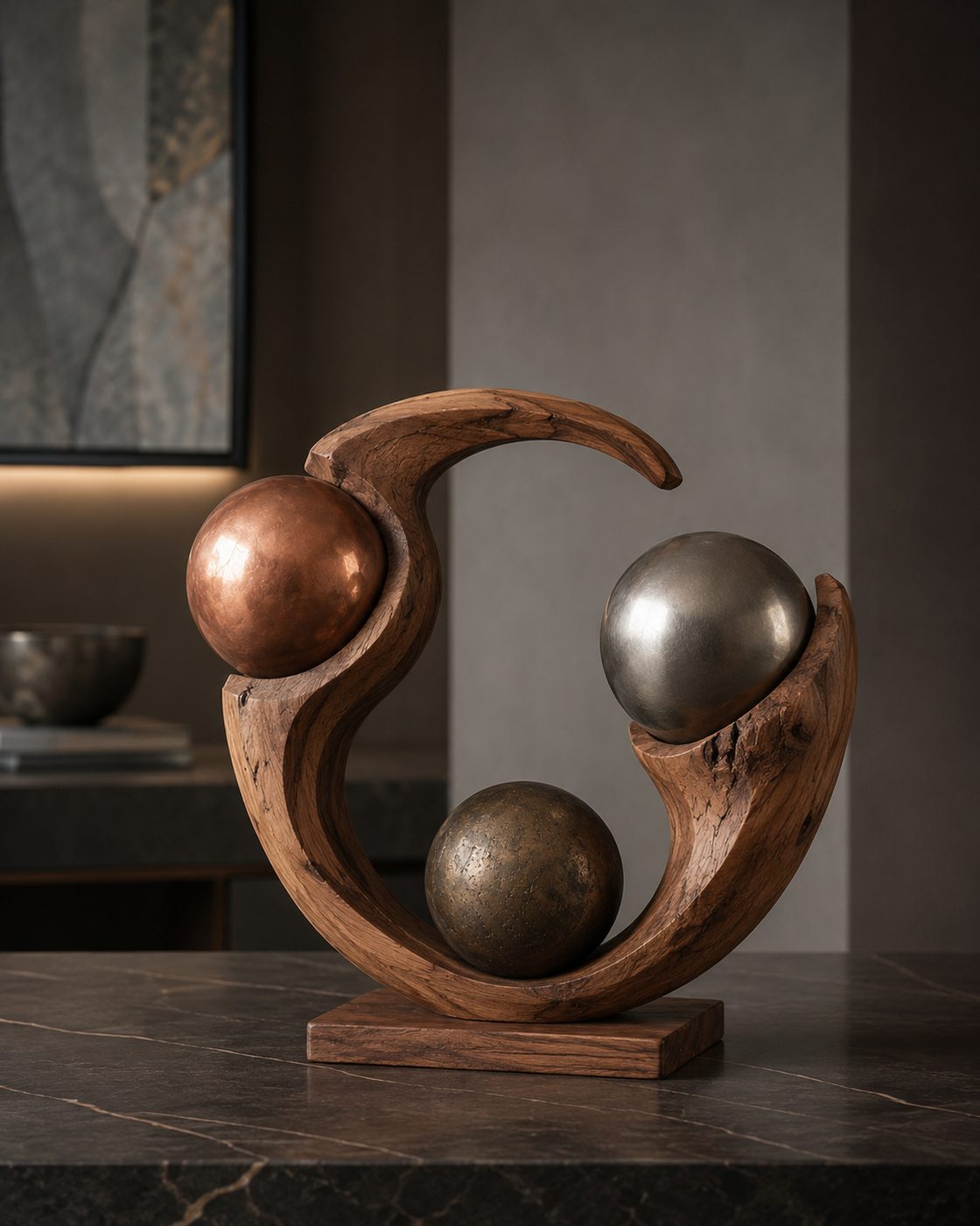 A three-sphere walnut piece with copper, steel and graphite spheres on a stone counter in a dimly lit room